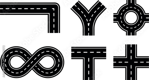 Black and white vector road junction icons with curves and intersections