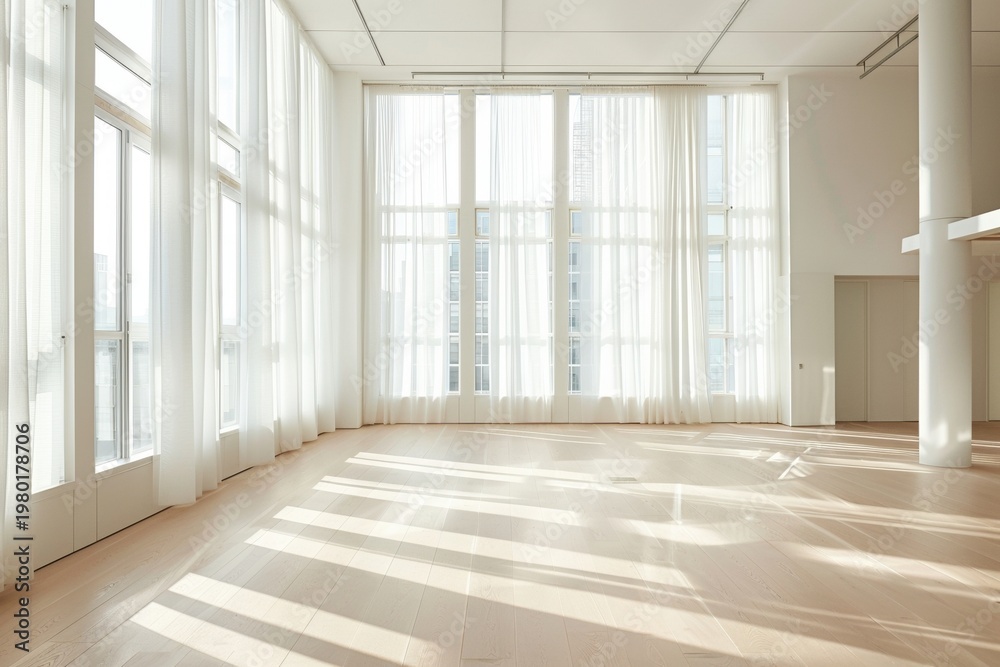 Fototapeta premium The transition and shift in office space real estate post-pandemic showing a bright modern interior with large windows and sunlight streaming in The empty space is ready for new tenants.