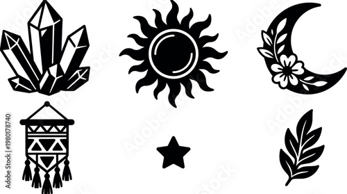 Black and white boho crystal sun moon floral star and leaf icons