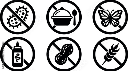 Black and white allergen free icons with no bacteria food butterfly mustard peanut wheat