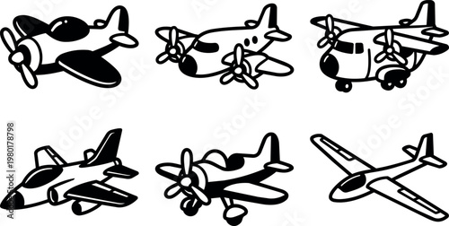 Six different airplane models in cartoon style