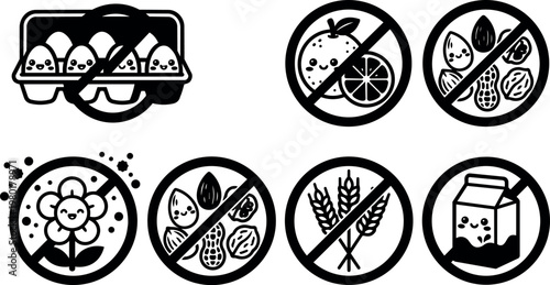 Black and white no egg nut dairy gluten citrus flower allergy icons set