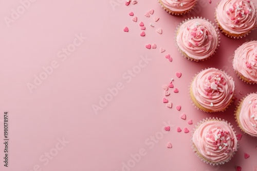 Pink frosted cupcakes with heart sprinkles on a pink background.