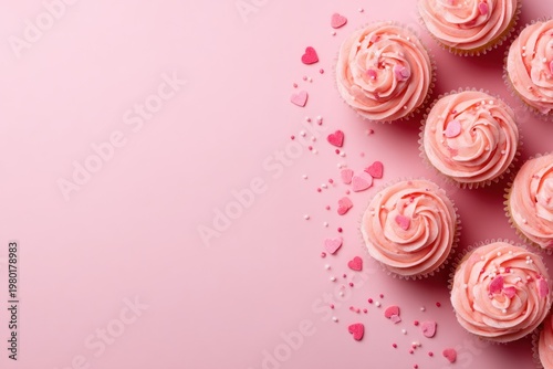 Pink frosted cupcakes with heart sprinkles on a light pink background.