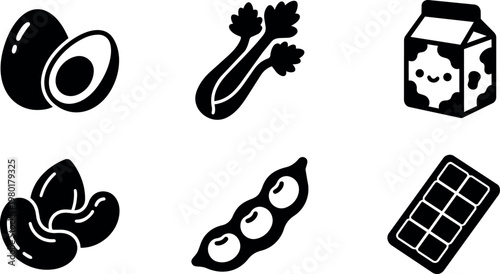 Avocado celery milk carton cashew soybeans and chocolate bar icons