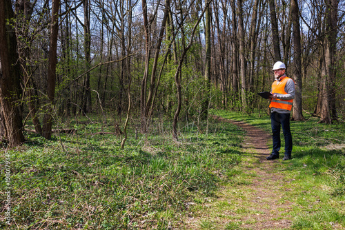 Obraz na płótnie Environmentalist in safety gear inspecting forest health and tree