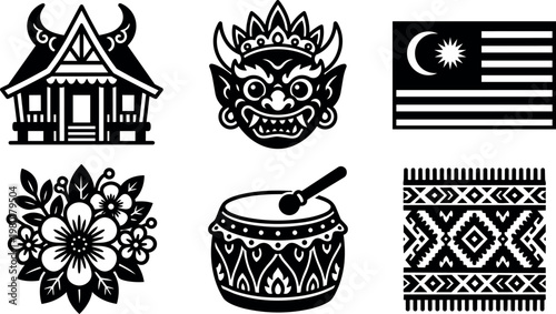 Black and white traditional malaysian hut demon mask flag floral drum and pattern vector art