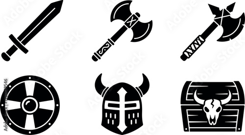 Black and white viking sword axe shield helmet and chest vector icons