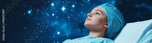 Young patient in medical cap and gown, gazing up at a vibrant starry cosmos, symbolizing hope, imagination and resilience for healing. Hospital, Dreams