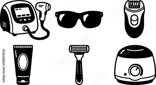 Black and white grooming tools vector art with laser device sunglasses and razor