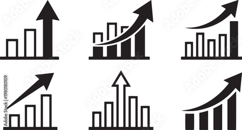 Set of business growth vector icons with bar charts and upward arrows symbolizing success, progress, and financial improvement.”