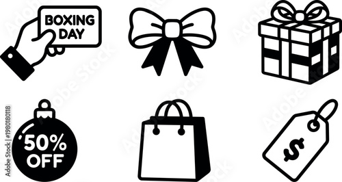Black and white boxing day icons with gift bow shopping bag and sale tag