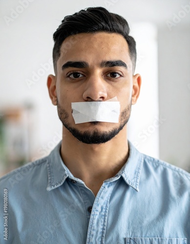 Close‑up portrait of a person with two pieces of tape forming an “X” over the mouth, emphasizing the symbolic gesture of silence, restriction, censorship, freedom of expression, emotional restraint.