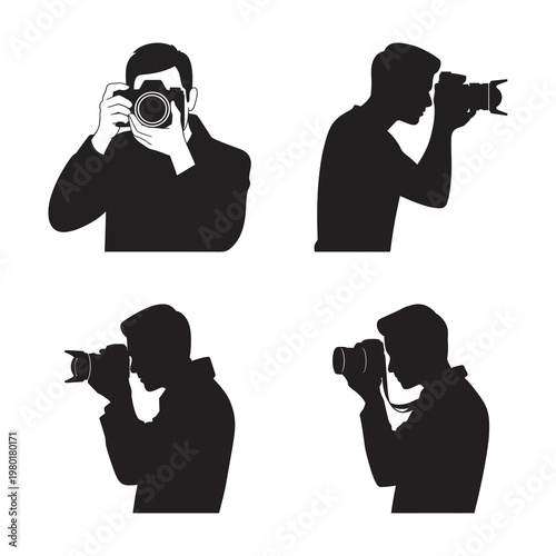 Silhouette vector of photographer holding camera and taking pictures.