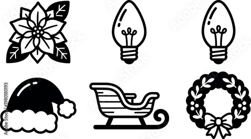 Black and white line art poinsettia flower santa hat sleigh christmas wreath and holiday lights
