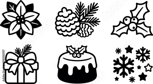 Christmas icons set with poinsettia pine cone holly gift cake and snowflakes