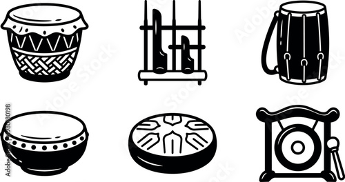 Six different traditional musical instruments icons