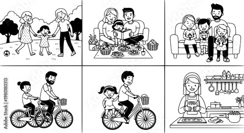 Caucasian families engaged in daily activities: cooking, reading, playing, and bonding
