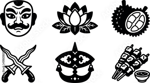 Black and white traditional asian mask lotus durian crossed knives venetian mask and satay skewers illustration