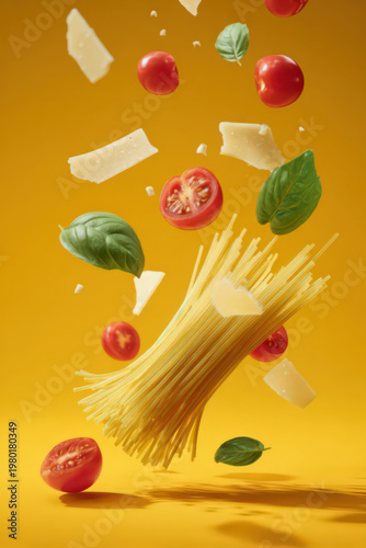 Refined pasta dish floating in the air, minimalist design before bright yellow background, al dente spaghetti with fresh basil leaves, ripe cherry tomatoes and shavings of Parmesan cheese