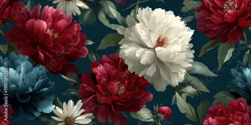 A collection of gorgeous watercolor peonies in shades of deep red, bright white, and dark blue