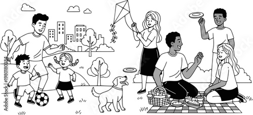 Caucasian families engaged in daily activities: cooking, reading, playing, and bonding
