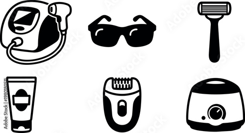 Black and white icons of epilator razor sunglasses cream hair removal devices