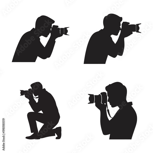 Professional photographer silhouettes set with camera isolated icons.