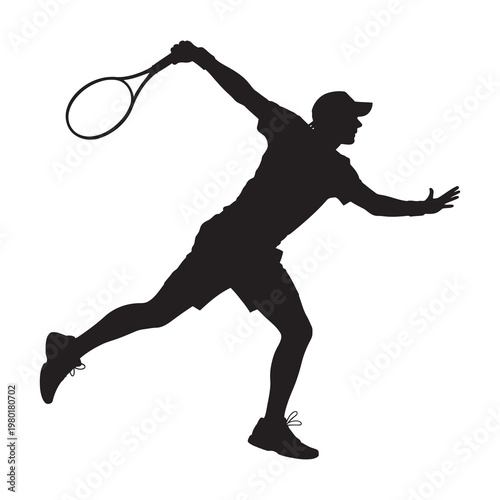 Dynamic silhouette of male tennis player lunging for difficult shot.