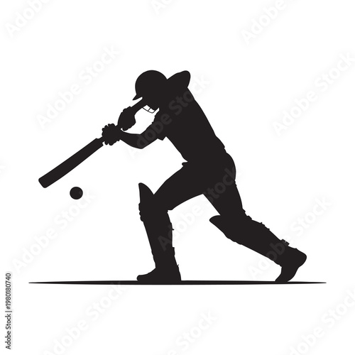 Black silhouette of cricket player in batting stance on white ground.