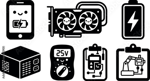 Smiling computer hardware and electric devices icons