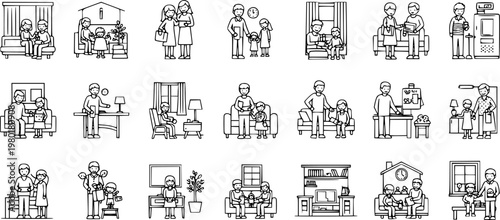 Cartoon family scenes: daily life, activities, and bonding moments
