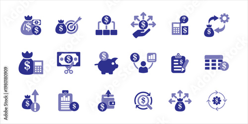 budget icons set. money allocation, budgeting, spending, money tracking, revenue, expenses, cash flow and more. simple colored vector