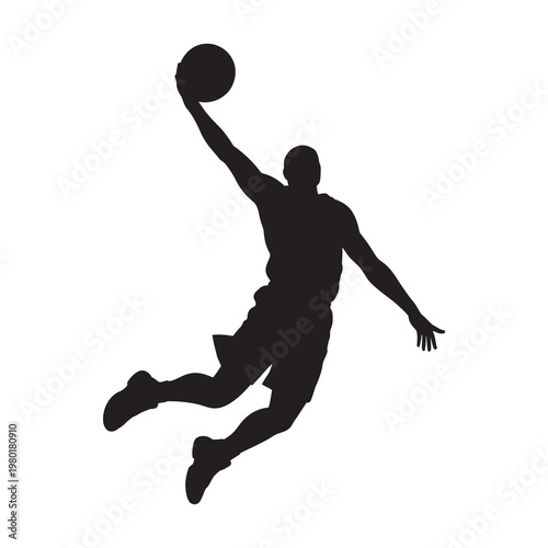 Basketball player silhouette performing slam dunk with ball.