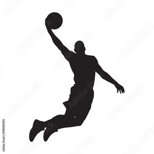 Basketball player silhouette performing slam dunk with ball.