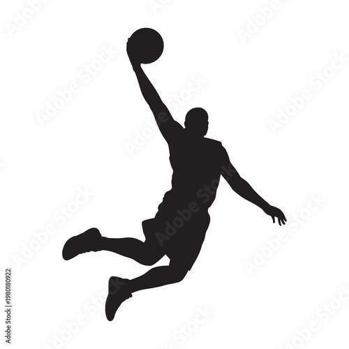 Basketball player silhouette performing slam dunk with ball.