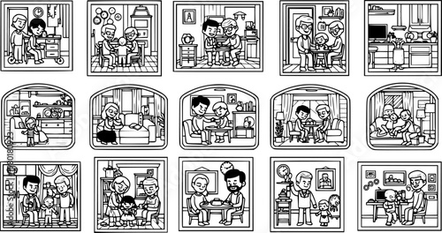 Cartoon family scenes: daily life, activities, and bonding moments
