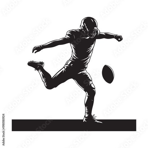 Football player silhouette kicking ball during game.