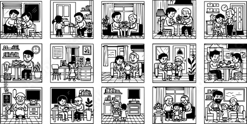 Cartoon family scenes: daily life, activities, and bonding moments
