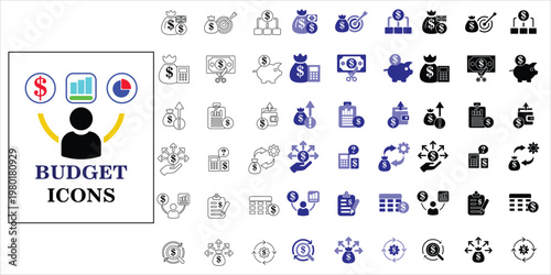 budget icons set. savings, money allocation, budgeting, spending, money tracking, spreadsheet, expenses, cash flow, target and more. simple complete vector