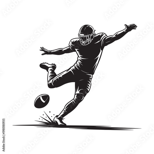 Football player silhouette kicking ball during game.