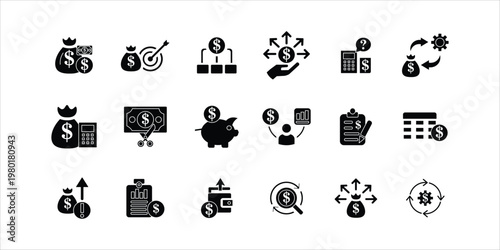budget icons set. money allocation, budgeting, spending, money tracking, spreadsheet, expenses, cash flow and more. simple solid vector