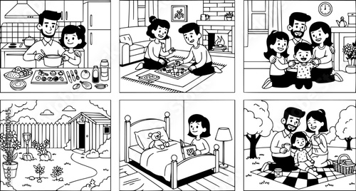 Caucasian family daily activities: cooking, walking, and quality time together with children
