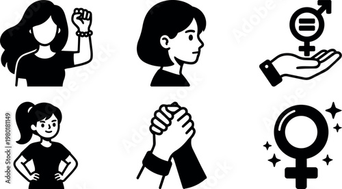 Feminist empowerment icons with raised fist handshaking and gender equality symbols in black and white