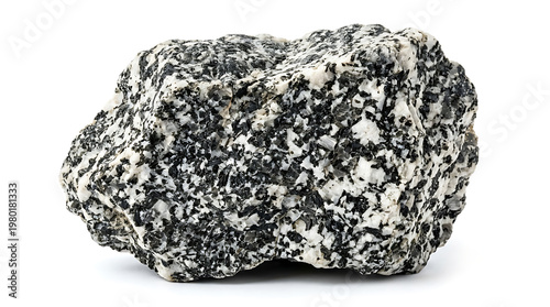 Close-up of a rough-textured speckled igneous rock formation, a natural mineral sample on a pure white background