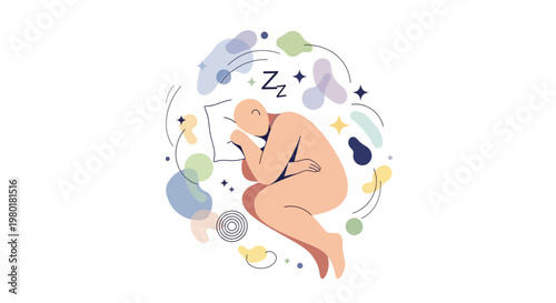 Vector illustration of an individual peacefully sleeping, surrounded by abstract symbols of dreams, rest, and tranquility, promoting mental wellness and serene relaxation
