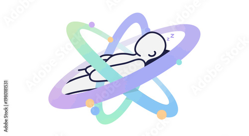 Serene figure resting in a calming, colorful, orbital dreamscape, symbolizing peace and tranquility