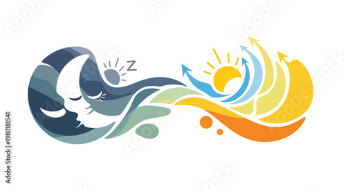 Conceptual illustration depicting the harmonious balance and cyclic transition between night and day, featuring a serene sleeping moon and an energetic rising sun