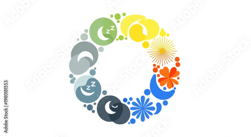 Daily cycle graphic showing weather changes from sun to moon, day to night, including sleep and routine activities in a vibrant circular illustration concept