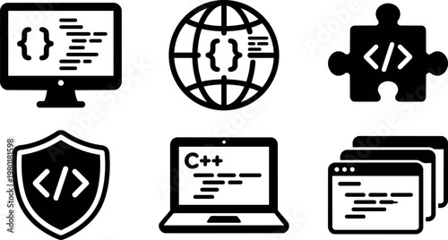 Black coding icons set with monitor laptop shield puzzle and globe